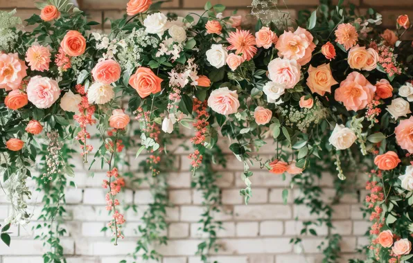 Leaves, flowers, roses, pink, white, brick wall, composition, AI art