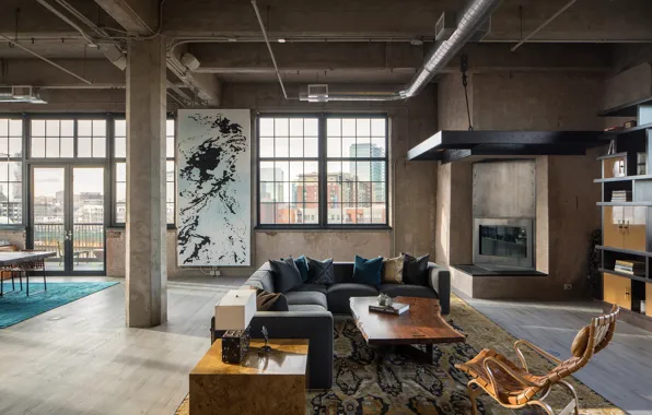 Interior, fireplace, living room, Denver, Colorado, Industrial loft