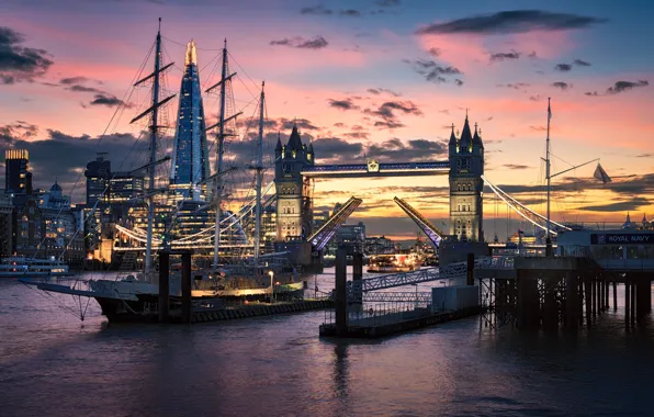 River, ship, England, London, tower, Thames, Tower bridge