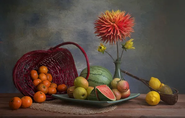 Flower, flowers, table, apples, orange, watermelon, plate, vase