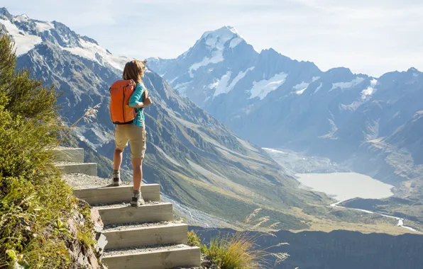 Girl, Mountains, New Zealand, Summer, Stage, Landscape, New Zealand, Southern Alps