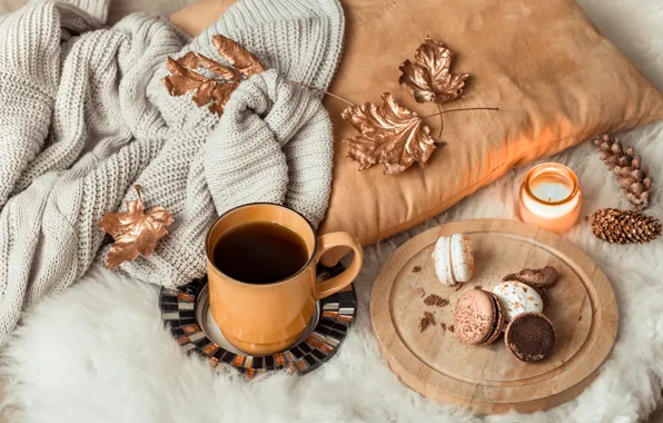 Picture autumn, leaves, wool, autumn, leaves, sweater, coffee cup, macaroons