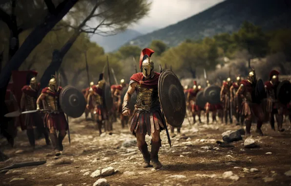 Picture Warriors, Men, Digital art, Equipment, Ancient Greece, The Spartans, AI art, The Art of Artificial …