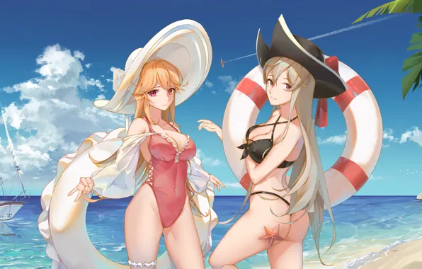 Picture girl, sexy, cleavage, beach, long hair, sea, boobs, anime