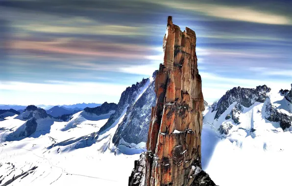 The sky, clouds, snow, mountains, rocks