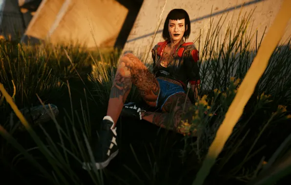 Girl, grass, game, smile, sun, cyberpunk, tatoo, babe