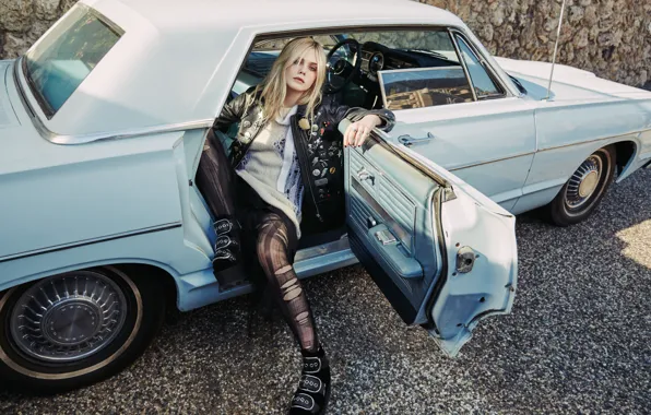 Model, stockings, shoes, actress, jacket, blonde, car, sitting