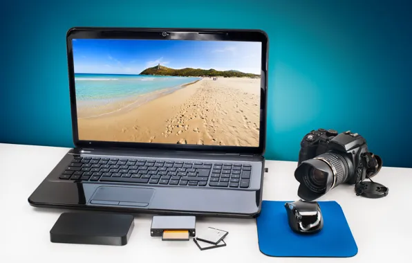 Picture card, landscape, table, mouse, the camera, hard, working, laptop