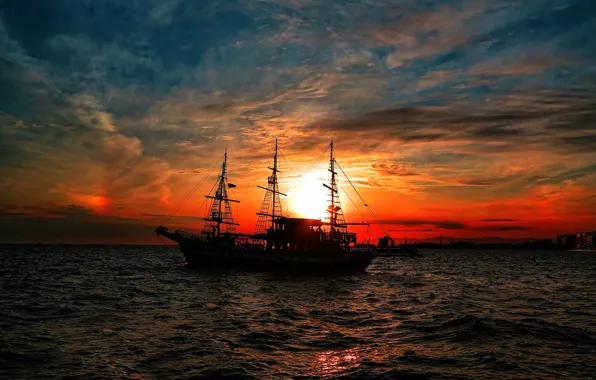 Sunset, ship, sailboat