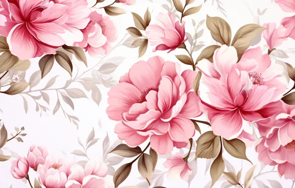 Leaves, flowers, texture, spring, white background, pink, peonies, peony
