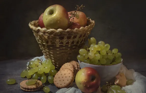 Drops, green, table, apples, cookies, grapes, bowl, still life