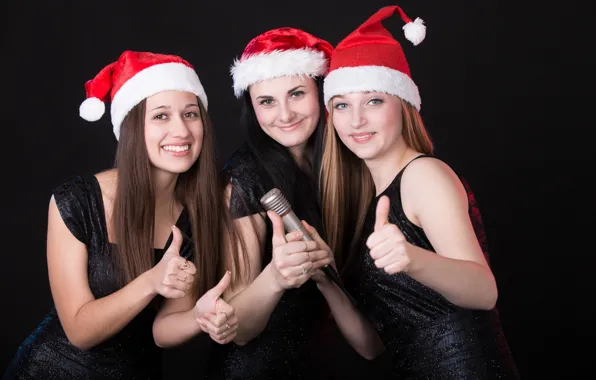 Girls, Christmas, New year, black background, trio, Christmas decorations, the Santa hat
