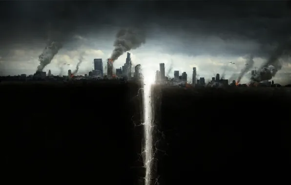 Picture the city, smoke, helicopters, disaster, skyscrapers, poster, crack, San Andreas