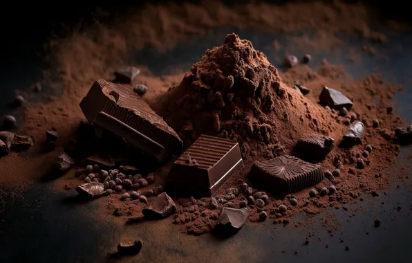 The dark background, table, chocolate, candy, sweets, placer, slices, cocoa