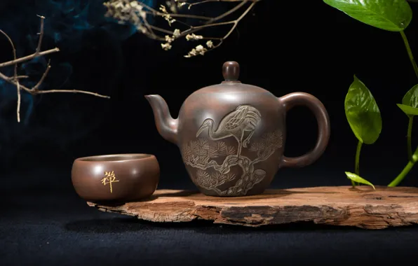Leaves, branches, the dark background, bird, tea, kettle, the tea party, Cup