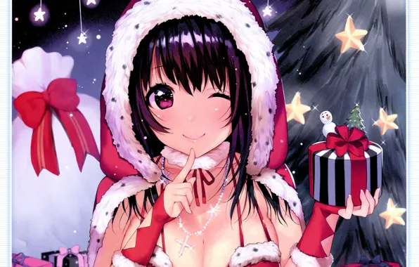Girl, tree, hood, neckline, stars, cross, wink, a bag with gifts