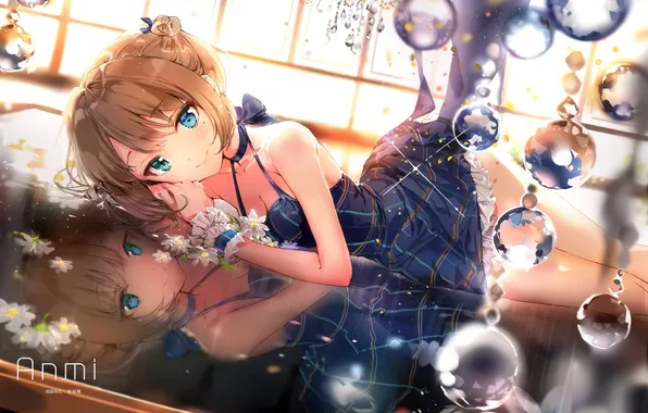 Girl, decoration, flowers, smile, reflection, balls, anime, art