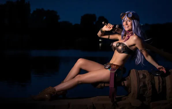 Picture sword, fantasy, photography, woman, night, purple eyes, cosplay, digital art