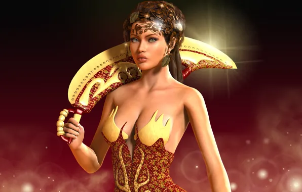 Look, leaves, girl, face, rendering, weapons, background, hand