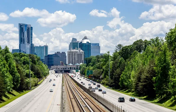 Road, the sky, trees, city, the city, skyscrapers, USA, USA