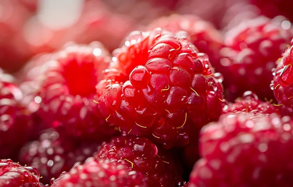 Drops, macro, berries, raspberry, a lot, AI art, neural network