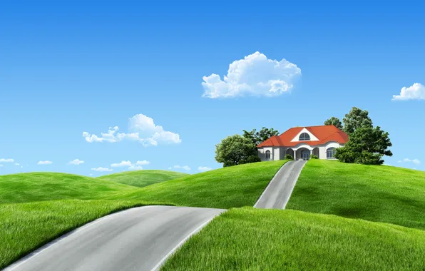 Road, clouds, landscape, nature, home, fantasy, house, fantasy