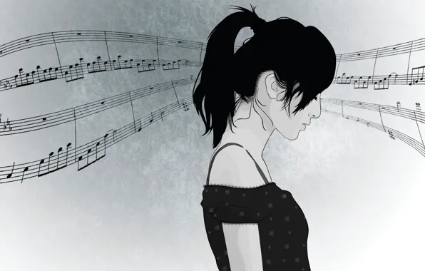 Picture girl, face, notes, music, hair, vector, profile, ponytail