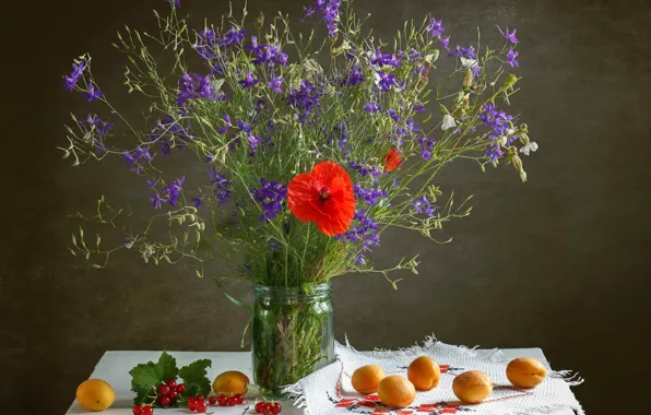 Leaves, flowers, table, Maki, berry, Bank, fruit, still life
