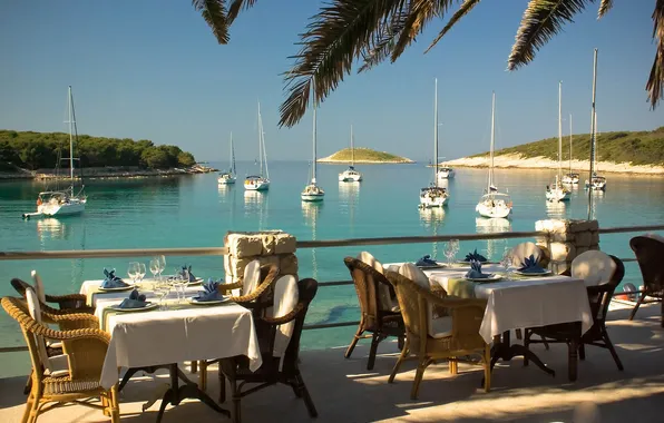 Sea, Bay, yachts, Bay, restaurant, promenade, Croatia, Adriatica