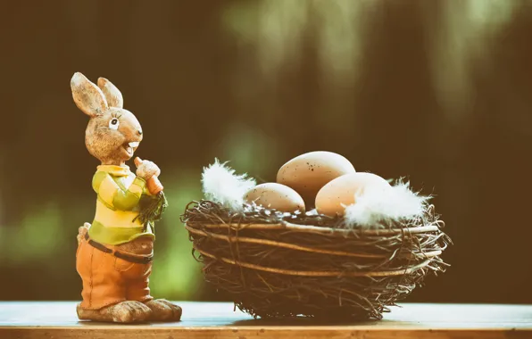 Background, holiday, toy, eggs, spring, feathers, carrot, rabbit