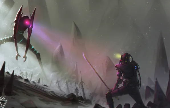 Snow, mountains, rocks, robot, sword, katana, samurai