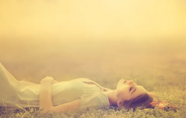 NATURE, GRASS, FIELD, DRESS, BROWN hair, MOOD, SLEEP, SUNDRESS