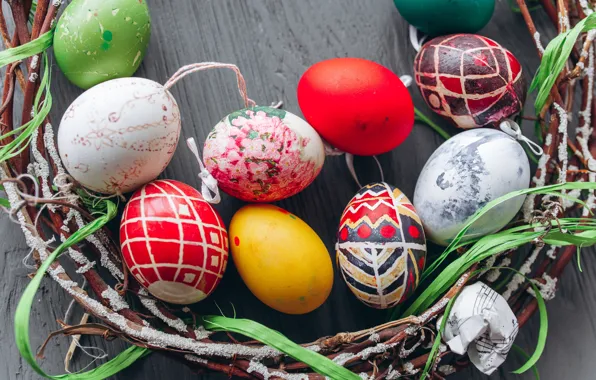 Eggs, Easter, Holiday, wreath, twigs, Easter, eggs, Holiday
