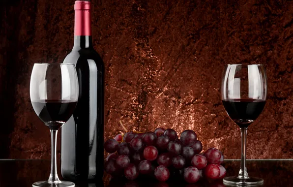 Wine, red, bottle, glasses, grapes, bunch