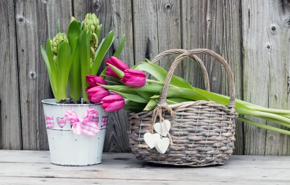 Picture flowers, bouquet, tulips, basket, wood, flowers, romantic, hearts