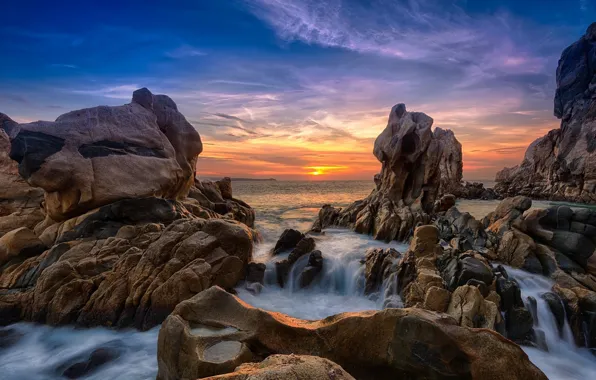 Sunset, rocks, coast