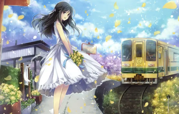 Girl, joy, flowers, smile, train, bouquet, petals, dress