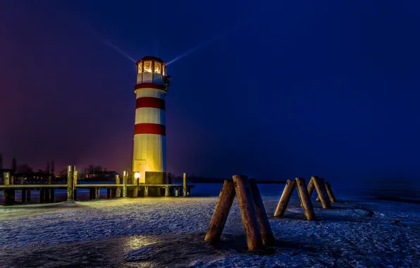 Picture winter, snow, night, lights, coast, lighthouse, Austria, rays of light
