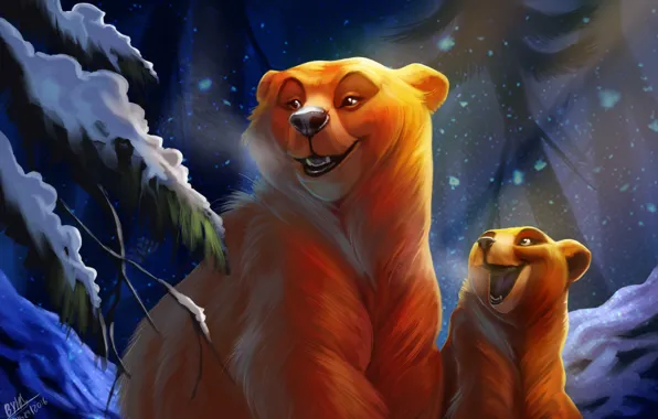 Winter, forest, night, bear, bear, by TehChan