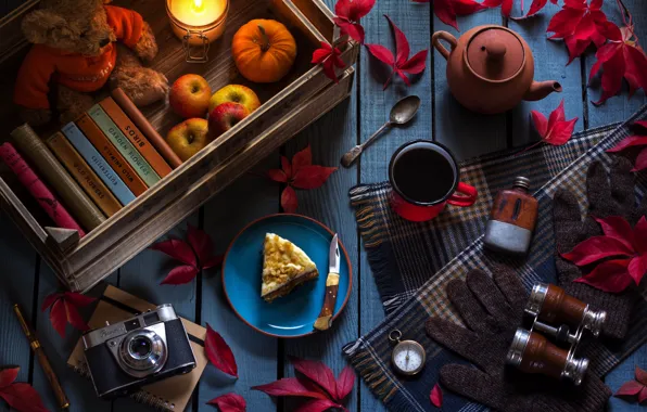 Picture leaves, tea, apples, books, candle, kettle, the camera, mug