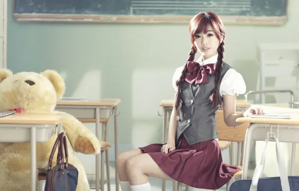 Look, girl, face, skirt, bear, school, desks, East