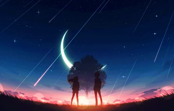 Girl, sunset, nature, tree, a month, fantasy, guy, Starfall