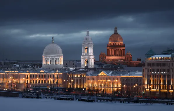 Picture winter, building, home, Saint Petersburg, temple, Russia, promenade, frozen river