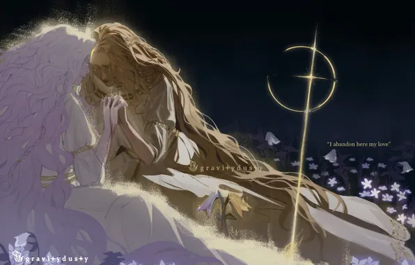Girl, flowers, night, glade, guy, Elden Ring, Miquella the Unalloyed, St. Trina