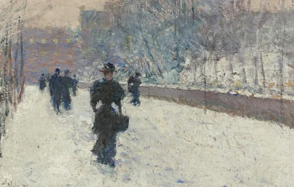 People, picture, the urban landscape, Frederick Childe Hassam, Childe Hassam, Boardwalk. Winter in new York