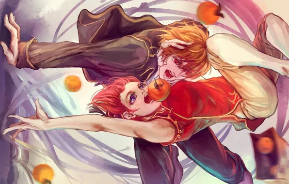 Oranges, hands, package, fight, vortex, red, two, Okita Souji
