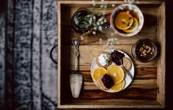 Table, tea, oranges, Breakfast, cookies, spoon, Cup, Bank