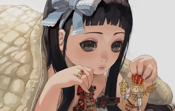 Toys, art, girl, pillow, blanket, bow, plays