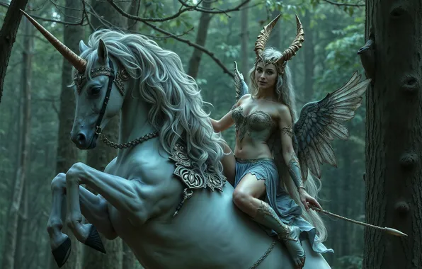 Girl, horse, horse, wings, rider, fantasy, unicorn, horns