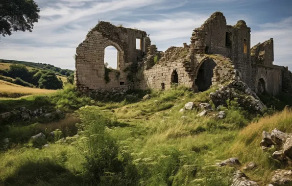Field, the sky, stones, castle, hills, fantasy, ruins, arch